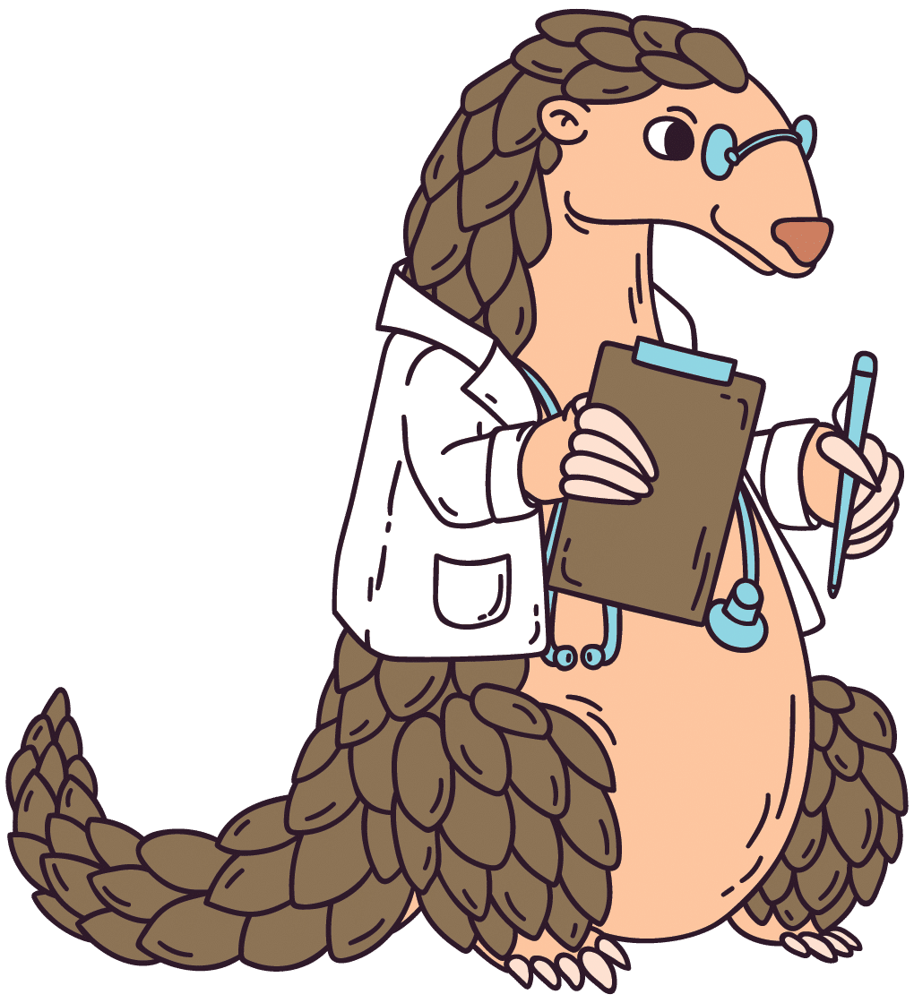 Peter Pangolin, the Pandemic Pal logo. He wears a medical coat, glasses and stethoscope.