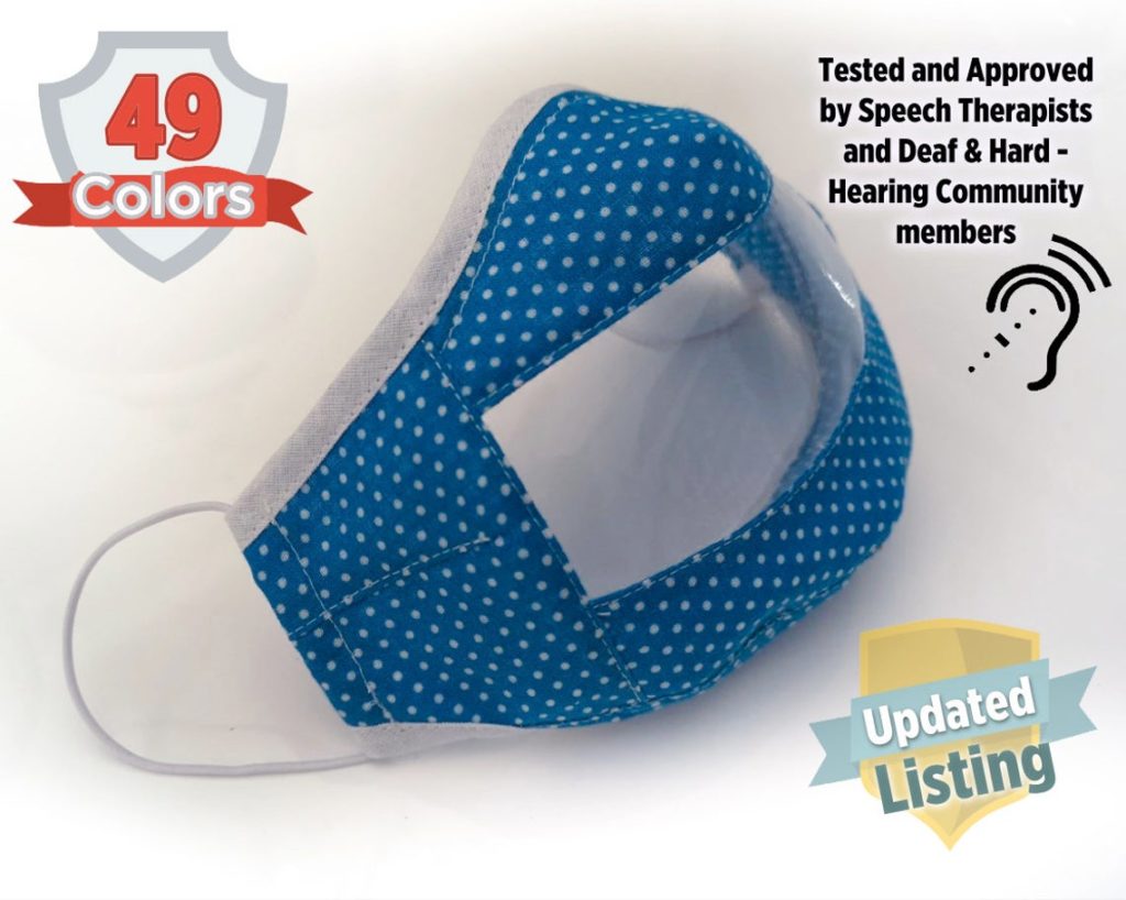 Clear masks for sale for Deaf people with blue and white polka dotted border. Recommended by speech therapists.
